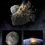 Recreación artística de la ruptura de un asteroide descubierto en 2007 y su hipotético impacto sobre la Tierra y la luna