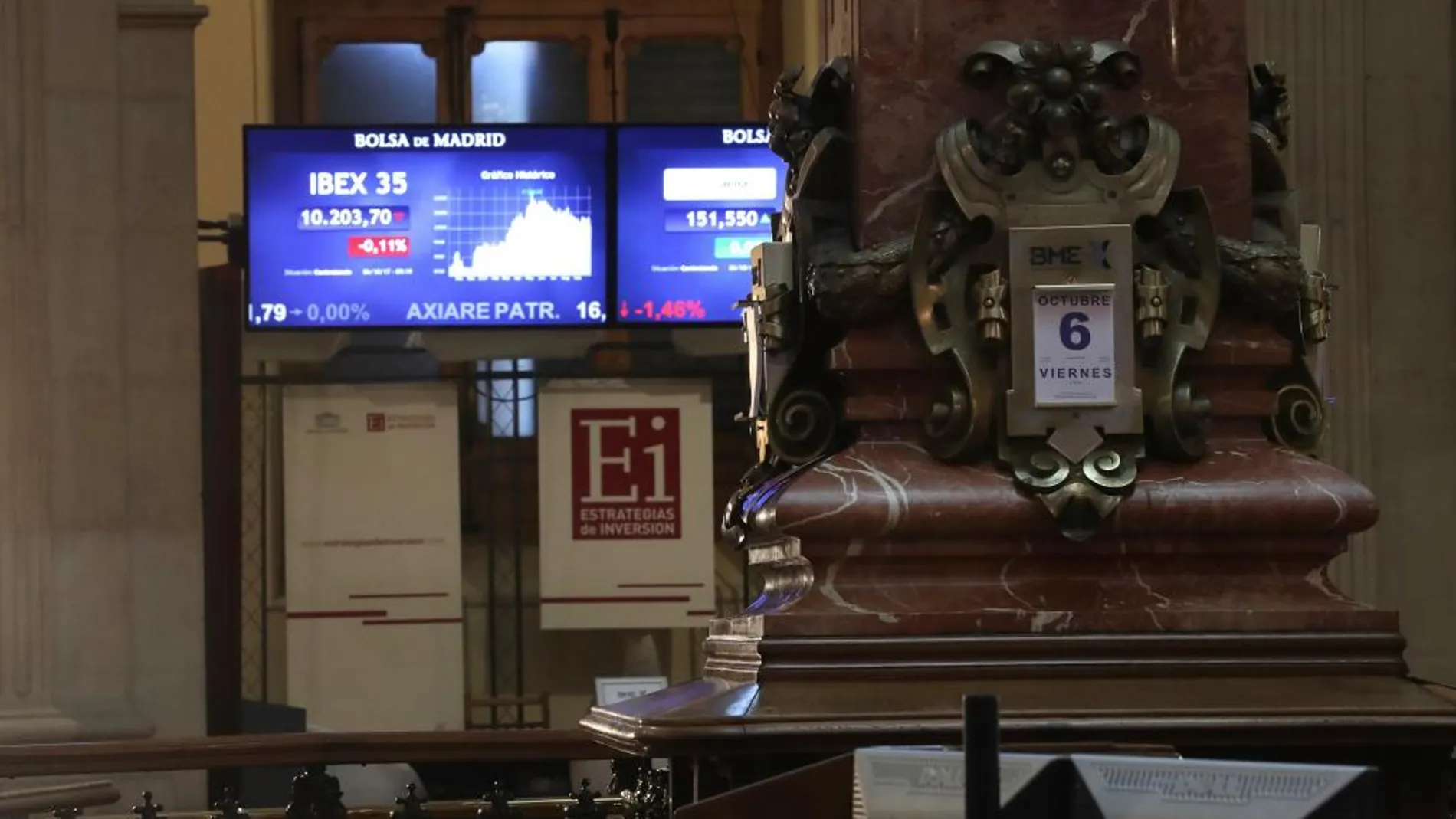 Vista de un panel de la Bolsa de Madrid, en la que el IBEX 35, principal indicador de la Bolsa española, mantiene el tono negativo