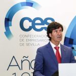 El presidente de la patronal sevillana, Miguel Rus, ayer durante la asamblea