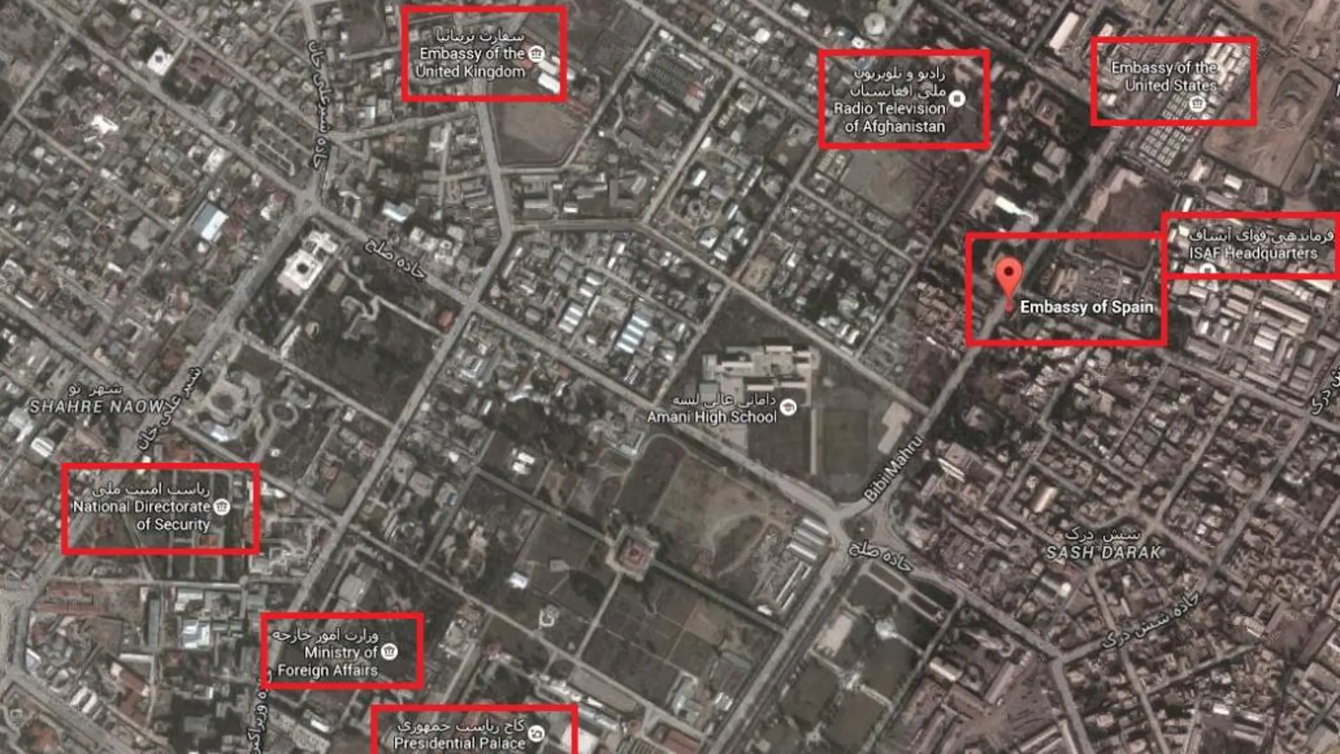 Recuadradas, las embajadas y los edificios gubernamentales cercanos a la legación española en Kabul.