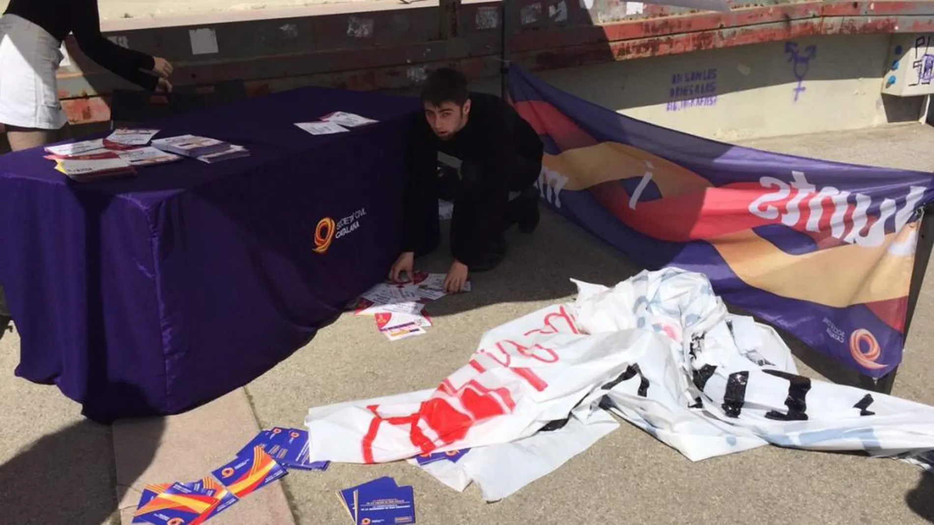 Independentistas agreden a jóvenes de Societat Civil y queman una bandera de España