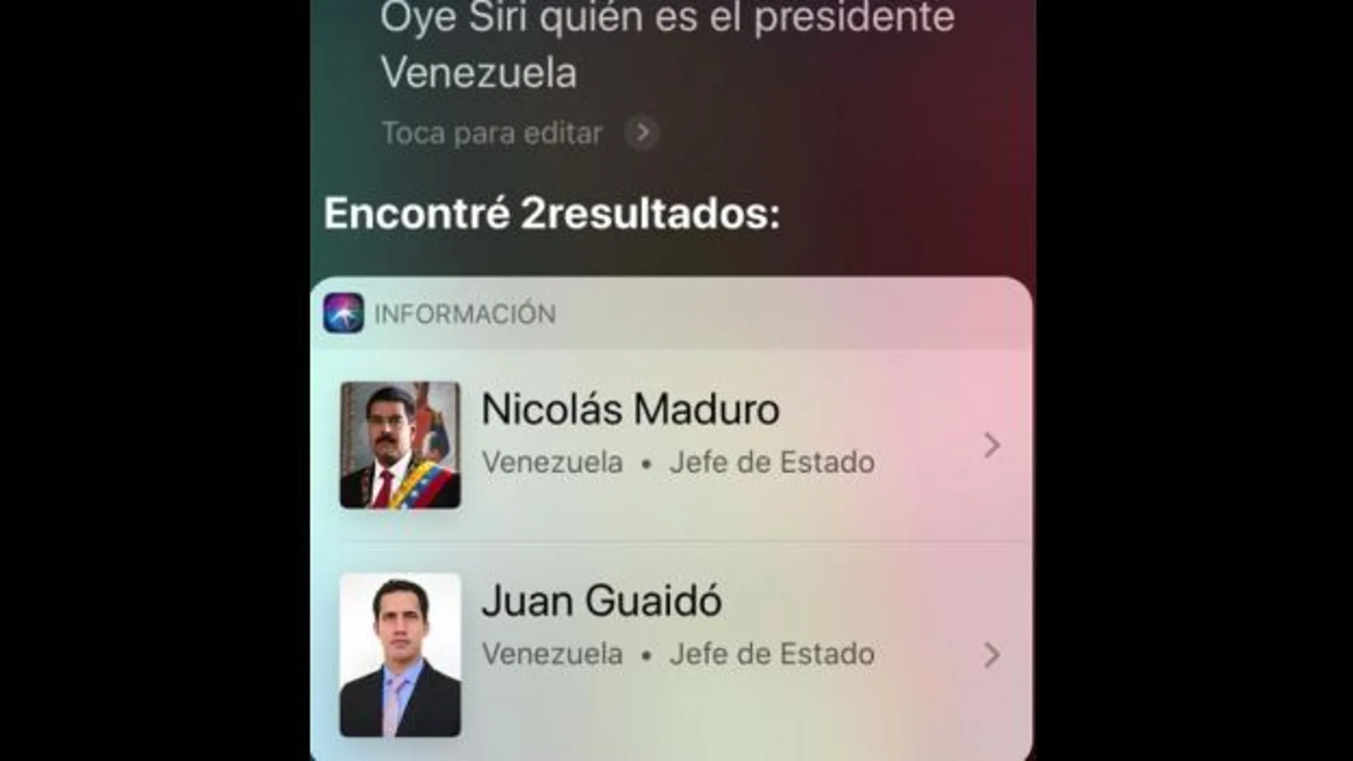 Siri reconoce tanto a Maduro como a Guaidó como presidentes de Venezuela