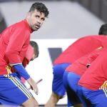 Diego Costa, durante el entrenamiento de la Selección en Albania