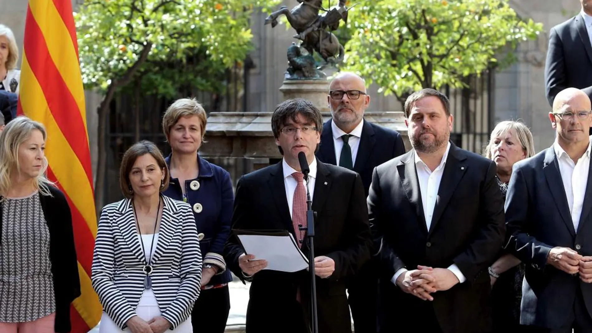 El presidente de la Generalitat, Carles Puigdemont durante el acto de hoy.