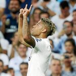 Mariano Díaz celebra el gol que le marcó ayer a la Roma