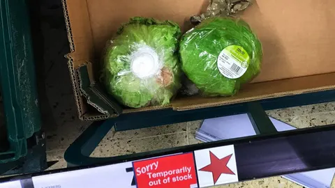 Sólo dos lechugas en un supermercado en Londres. Debajo, un cartel en inglés se disculpa: “Temporalmente no disponible”.