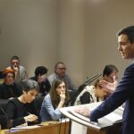 Pedro Sánchez durante la rueda de prensa tras la reunión con Rajoy