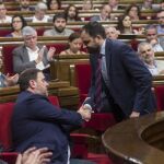 El diputado del PPC Fernando Sánchez Costa (d) saluda al vicepresidente del Govern, Oriol Junqueras (i) durante el pleno del Parlamento de Cataluña.
