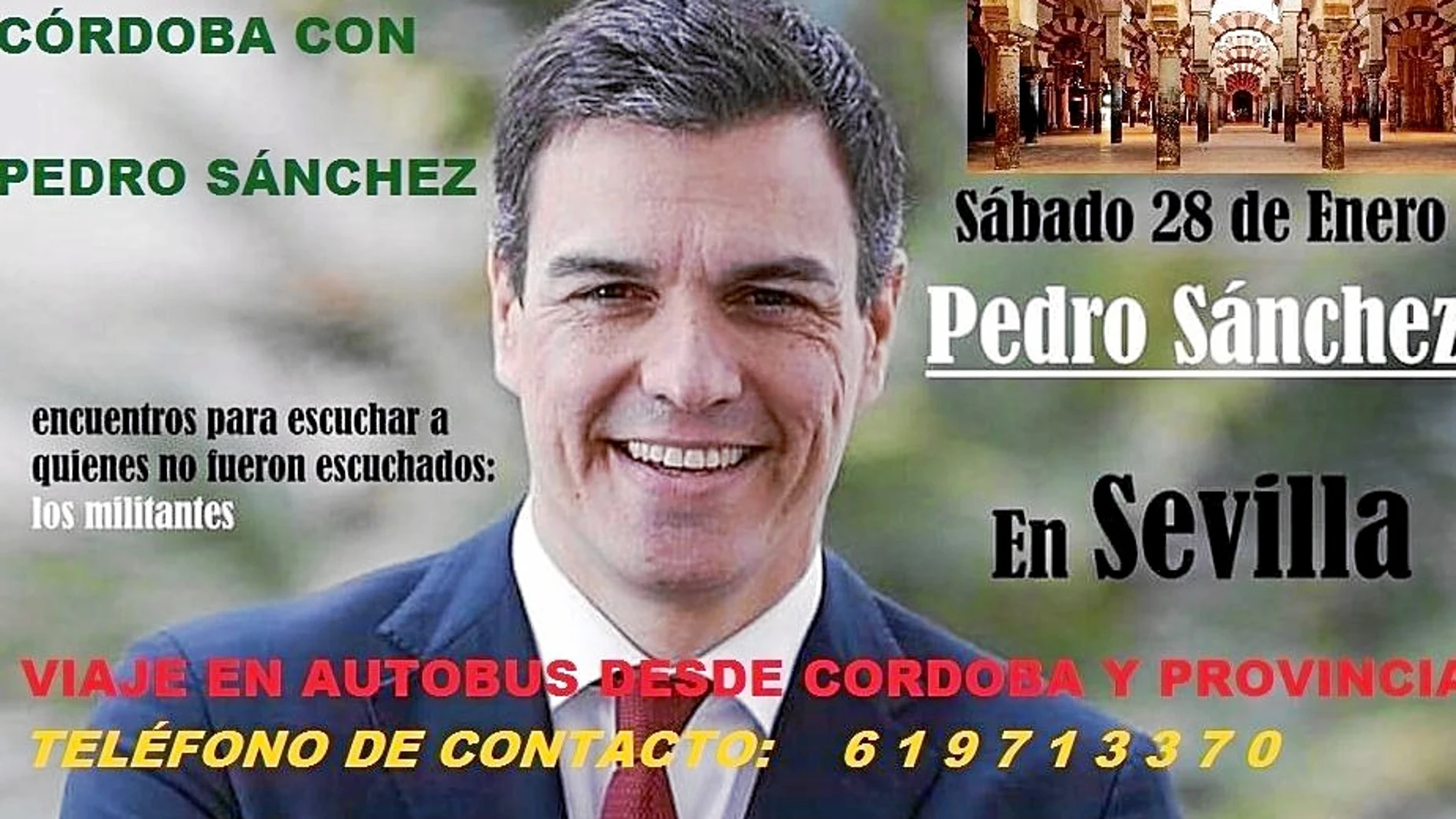 Cartel distribuido por las redes sociales en el que se anuncia los viajes para asistir al acto de Pedro Sánchez el próximo sábado en Sevilla