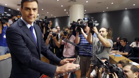 El secretario general del PSOE, Pedro Sánchez, durante la rueda de prensa.