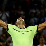 El español Rafael Nadal celebra tras vencer al estadounidense Jack Sock