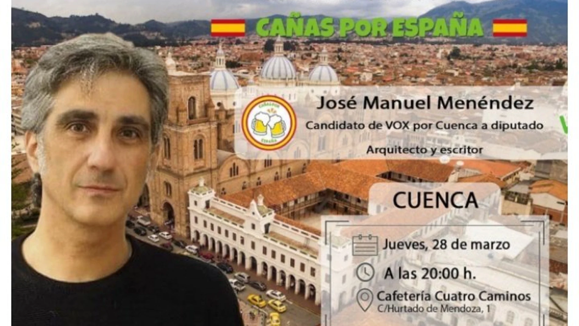 Imagen retirada de la convocatoria de “Cañas por España” en la que Vox confunde a Cuenca de España con Cuenca de Ecuador