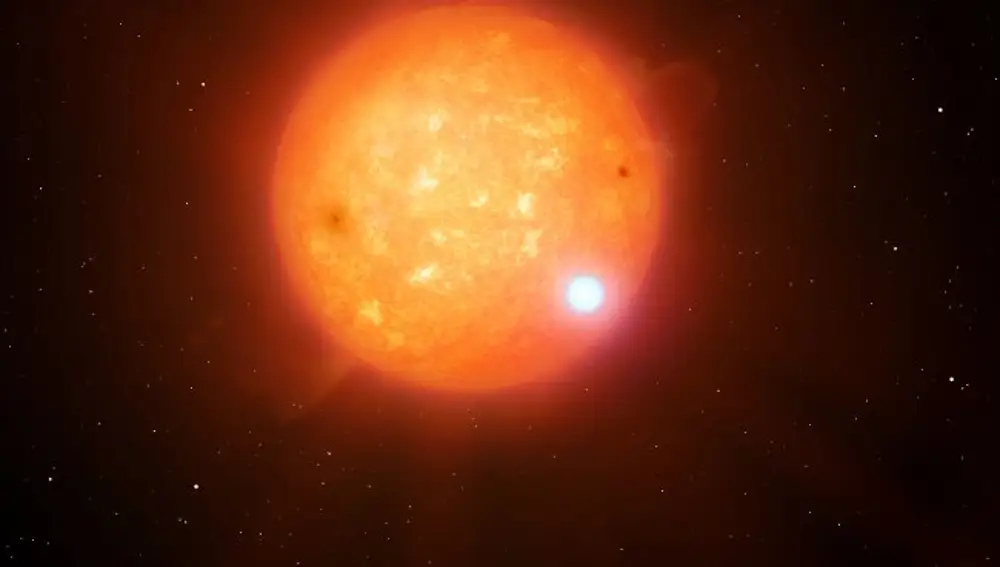 Recreación artística del sistema binario eclipsante compuesto por una estrella subenana fría (en amarillo) y una enana blanca (en blanco). Crédito: Mark Garlick