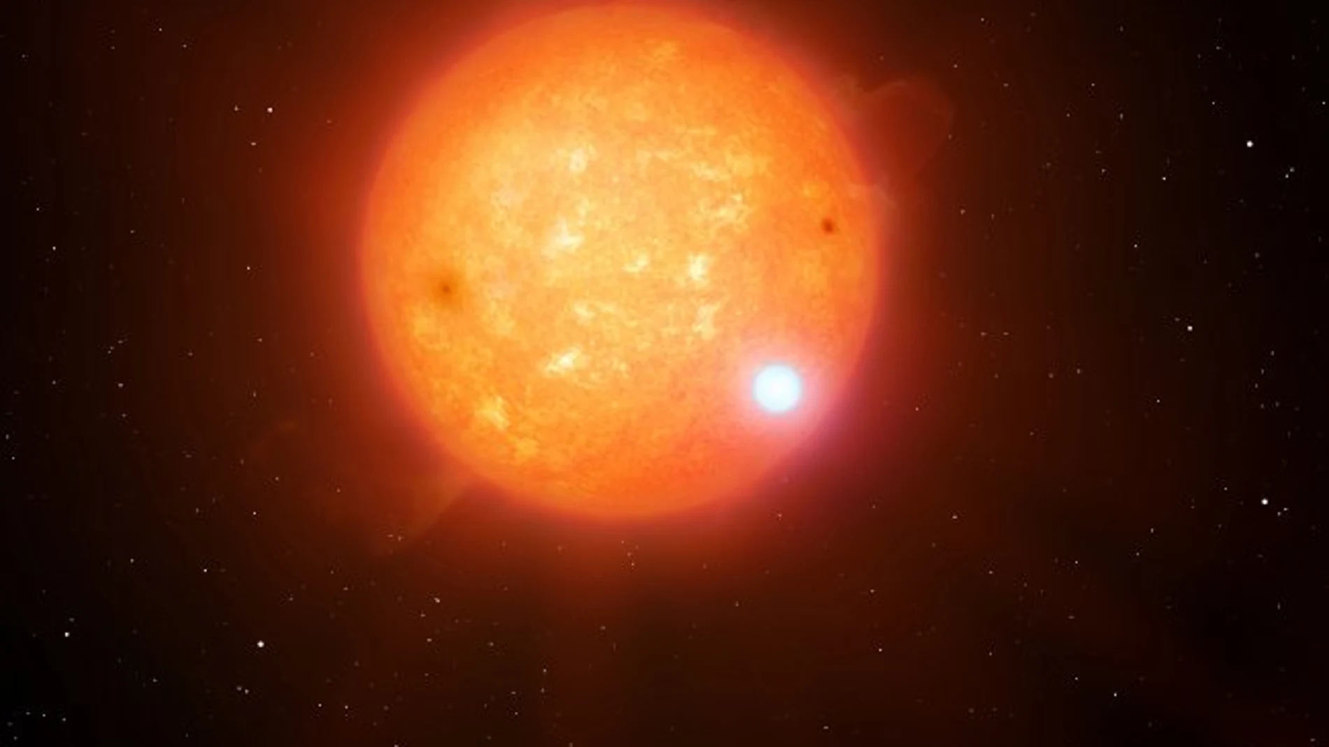 Recreación artística del sistema binario eclipsante compuesto por una estrella subenana fría (en amarillo) y una enana blanca (en blanco). Crédito: Mark Garlick