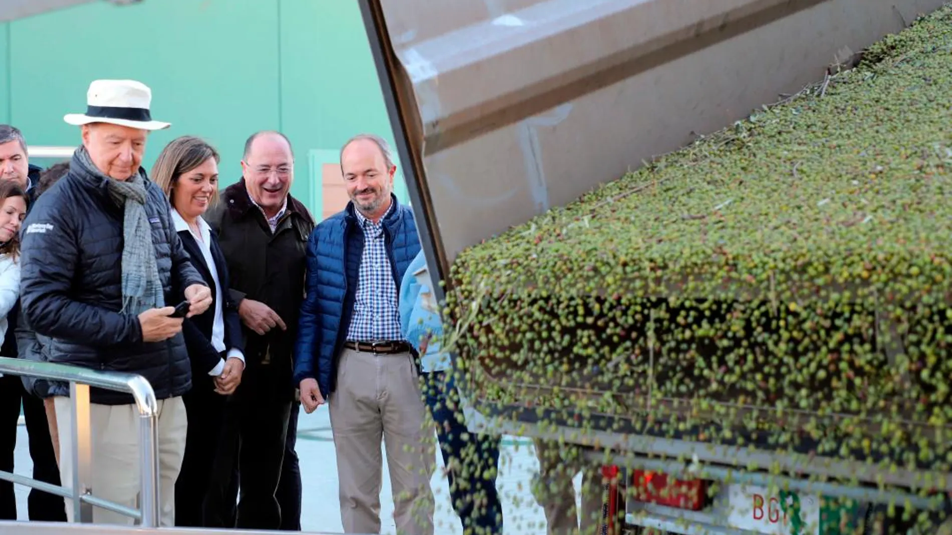 La consejera Milagros Marcos, junto al bodeguero Carlos Moro y el crítico gastronómico Carlos Capel, observan como descargan olivas en Oliduero (Medina del Campo)