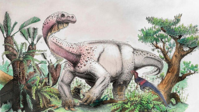 Recontrucción artística de Ledumahadi mafube. Otro dinosaurio sudafricano, Heterodontosaurus tucki, lo observa / Viktor Radermacher