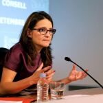 La vicepresidenta del Consell, Mónica Oltra, durante la rueda de prensa de ayer