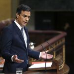 El secretario general del PSOE, Pedro Sánchez, durante su intervención en la segunda sesión del debate de investidura