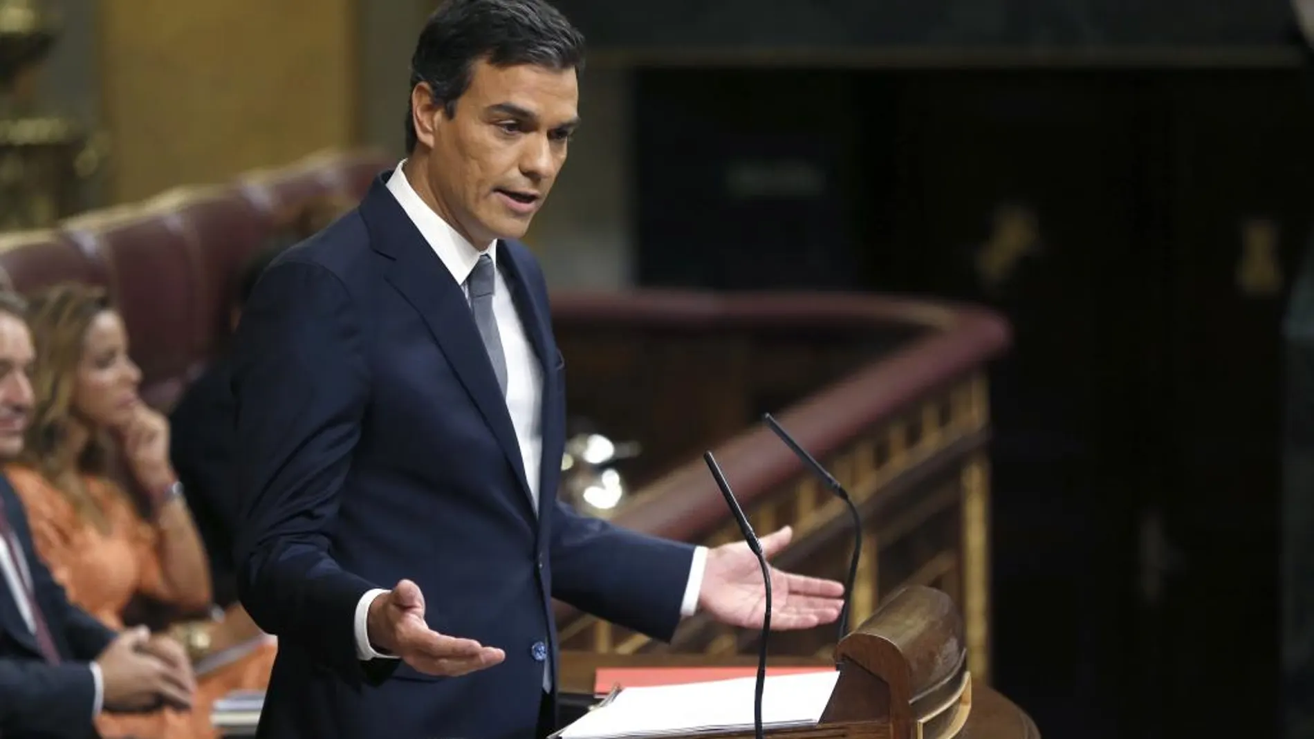 El secretario general del PSOE, Pedro Sánchez, durante su intervención en la segunda sesión del debate de investidura