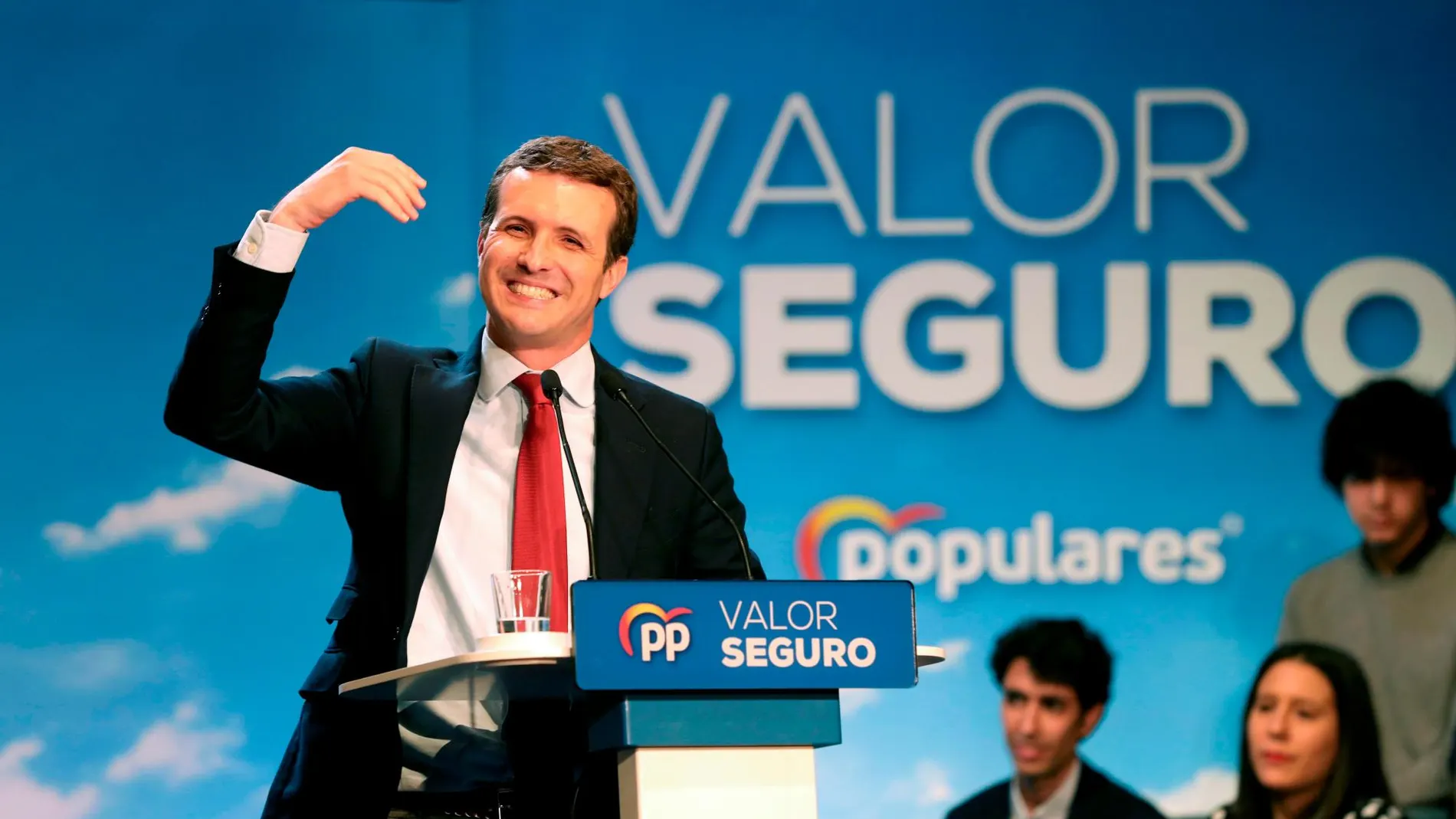 El candidato del PP a la Presidencia del Gobierno, Pablo Casado, durante su intervención, este sábado, en un mitin en Salamanca
