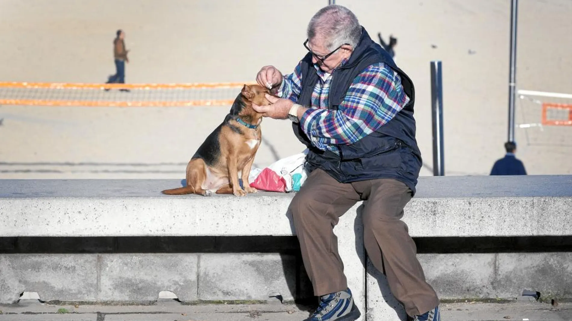 Un jubilado junto a su perro ayer en la playa de Barcelona