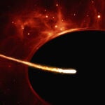 La fuerza gravitatoria del agujero negro supermasivo desgarra a una estrella próxima, que es espaguetificada. Los choques entre los restos y el calor generado por la acreción desencadenaron una gran explosión de luz. / ESO, ESA/Hubble, M. Kornmesser