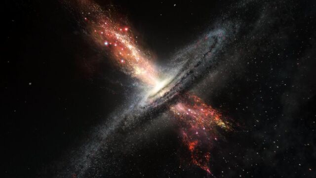 Ilustración de estrellas naciendo en los vientos de agujeros negros supermasivos