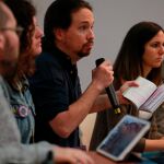 Los principales dirigentes de Podemos, Pablo Iglesias, Pablo Echenique, Ione Belarra y Nacho Álvarez, presentan su programa electoral. Foto: Cipriano Pastrano