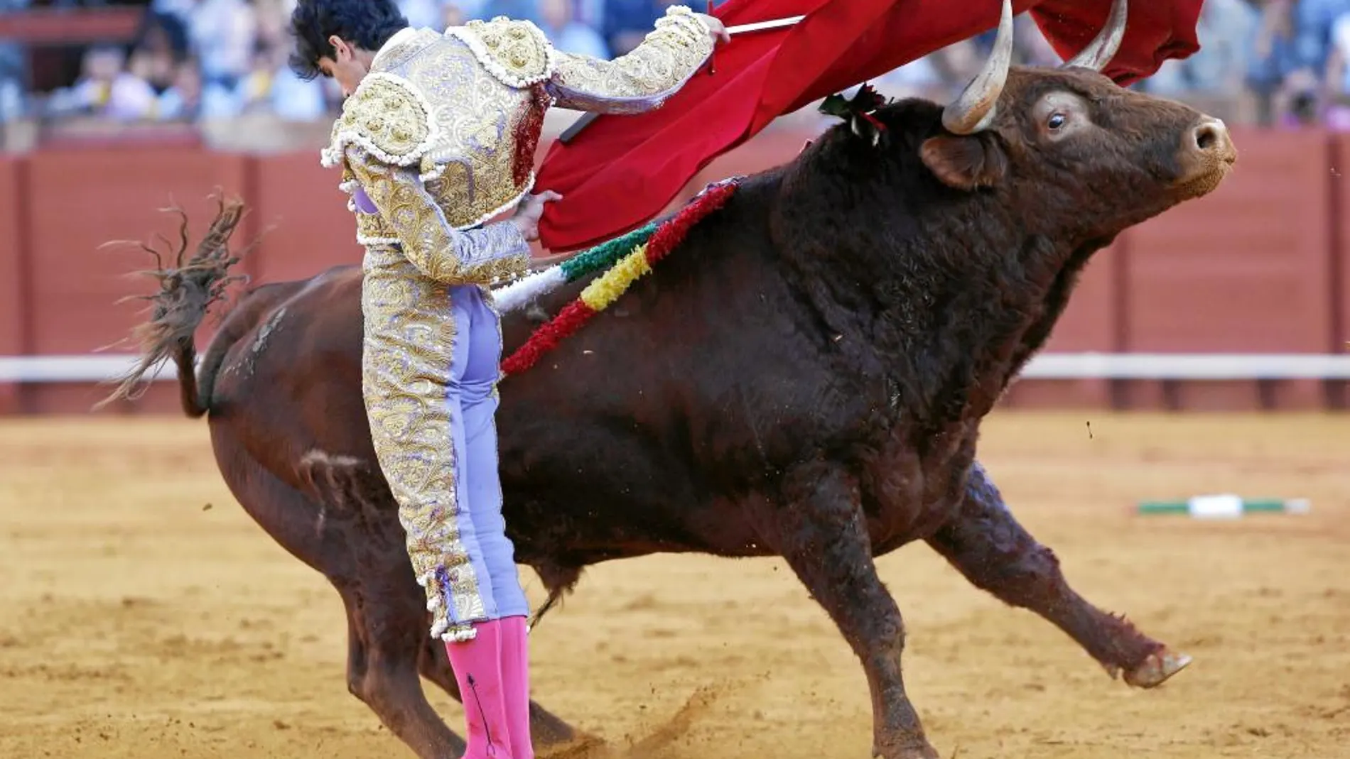 El diestro Alberto López Simón da un pase con la muleta al toro que cortó el único trofeo en la tarde de ayer en el mano a mano con Manuel Escribano