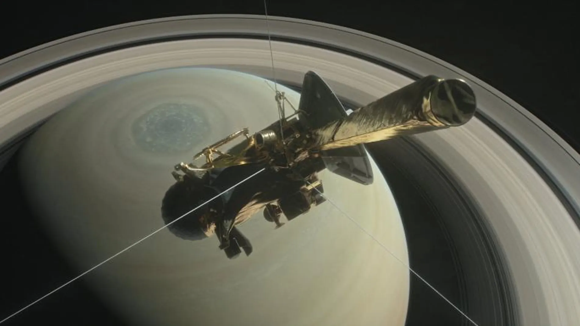 Ilustración de la NASA que muestra la sonda Cassini sobre el hemisferio norte de Saturno. En las primeras horas del pasado sábado, Cassini pasó cerca de Titán, la luna más grande de Saturno, para alterar su órbita con ayuda de la gravedad.