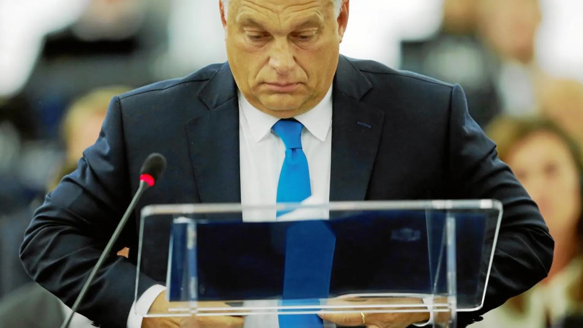 Viktor Orban, ayer, durante su intervención en la sede del Parlamento Europeo en Estrasburgo