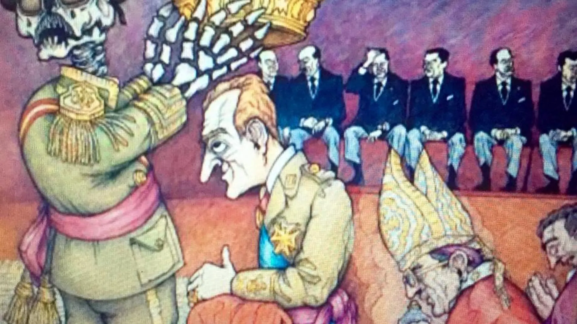 Don Juan Carlos, coronado por un esqueleto, es una de las imágenes de la muestra