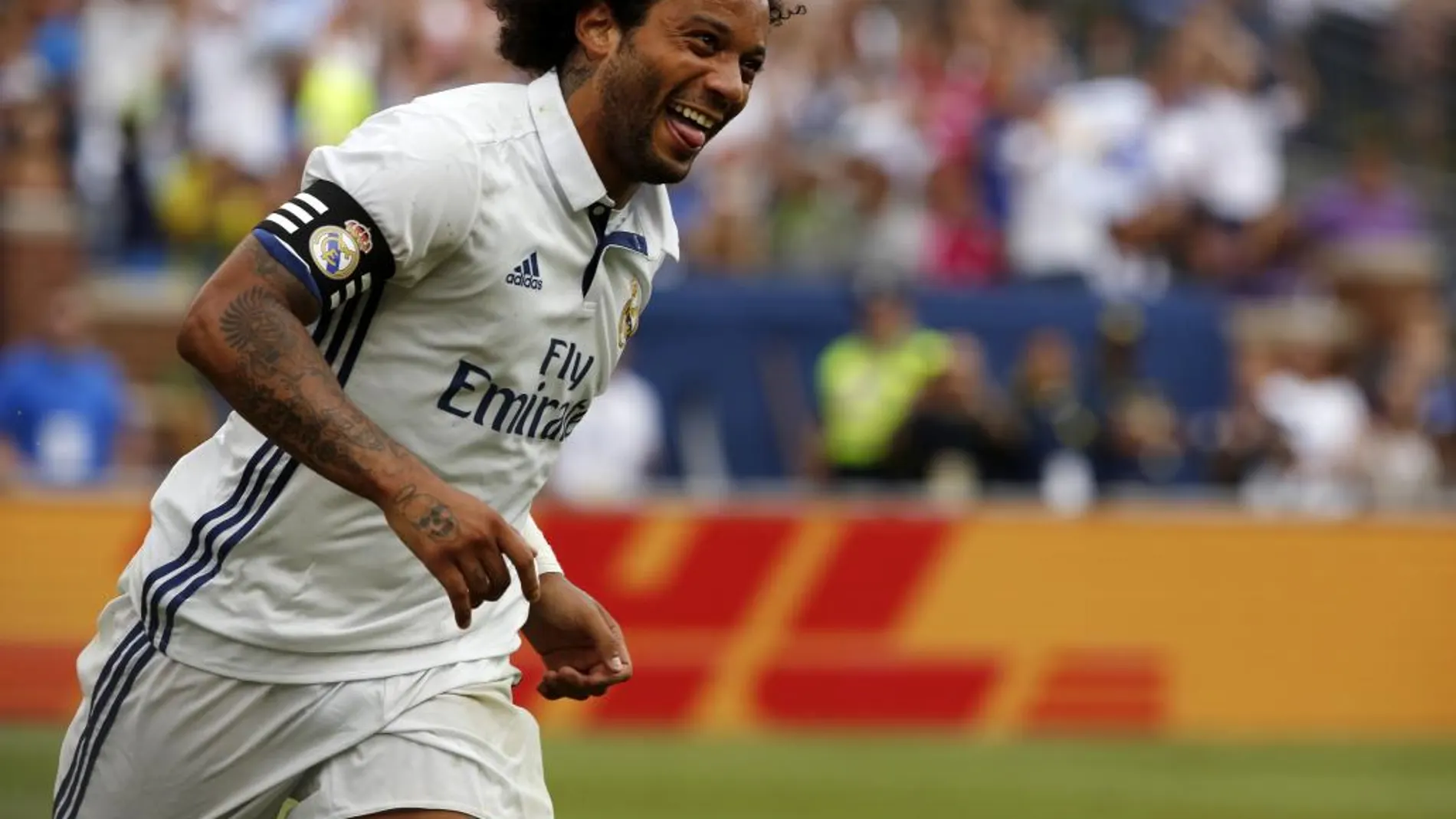 Marcelo celebra uno de los dos goles que le marcó al Chelsea en el segundo partido de pretemporada del Madrid