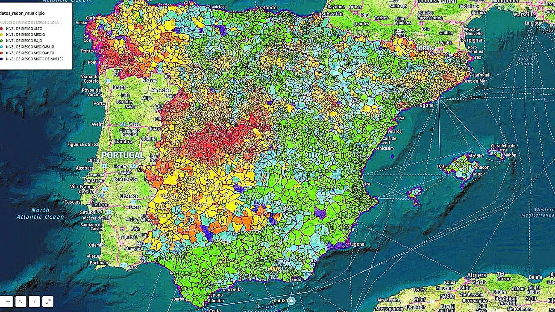 En este mapa se muestran los niveles de este gas en España por zonas