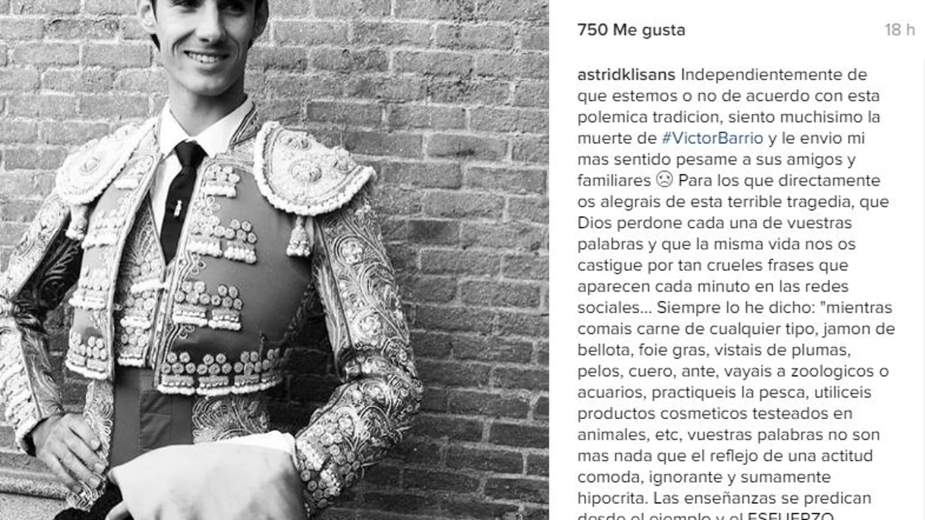 Astrid Klisans, mujer de Carlos Baute, arremete contra los antitaurinos en Instagram