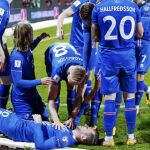 Varios futbolistas de Islandia celebran el tanto del jugador del Everton Gilfy Sigurdsson