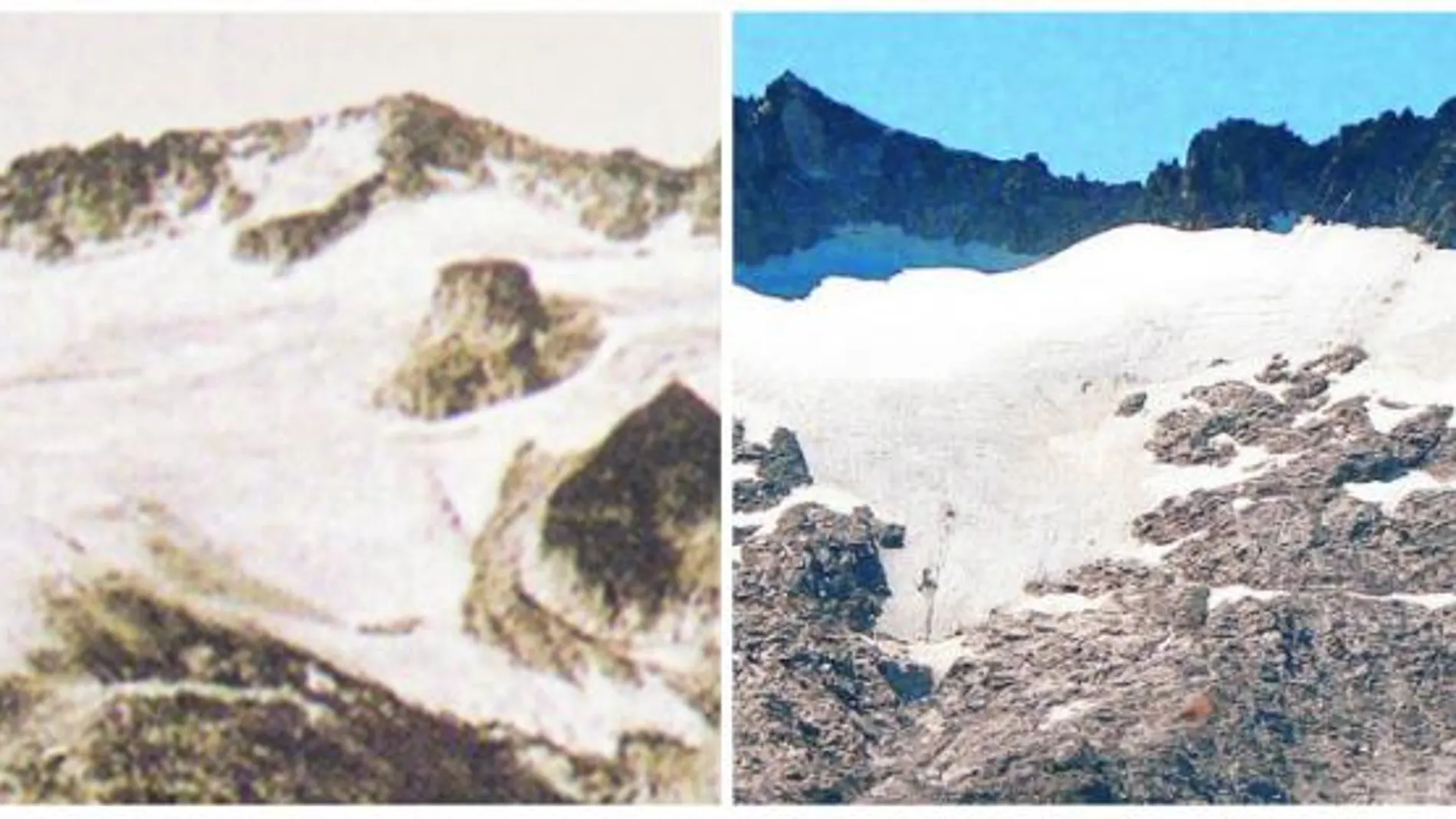 En la foto de izquierda el Pico de La Maladeta en 1871. En la de la derecha en 2013.