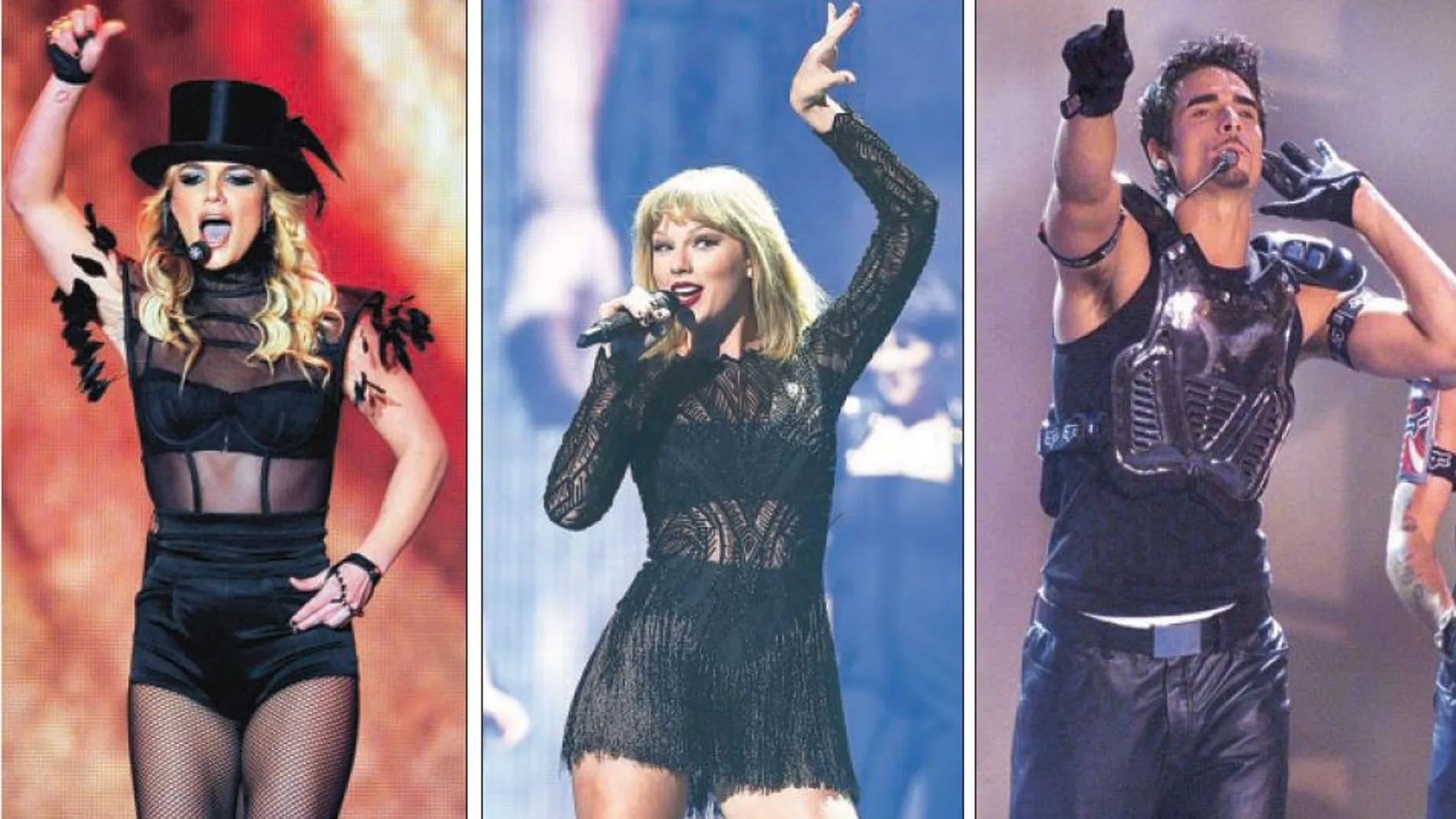 Productos de la maquinaria. De izquierda a derecha: Britney Spears, Taylor Swift y Kevin Richardson, de Backstreet Boys