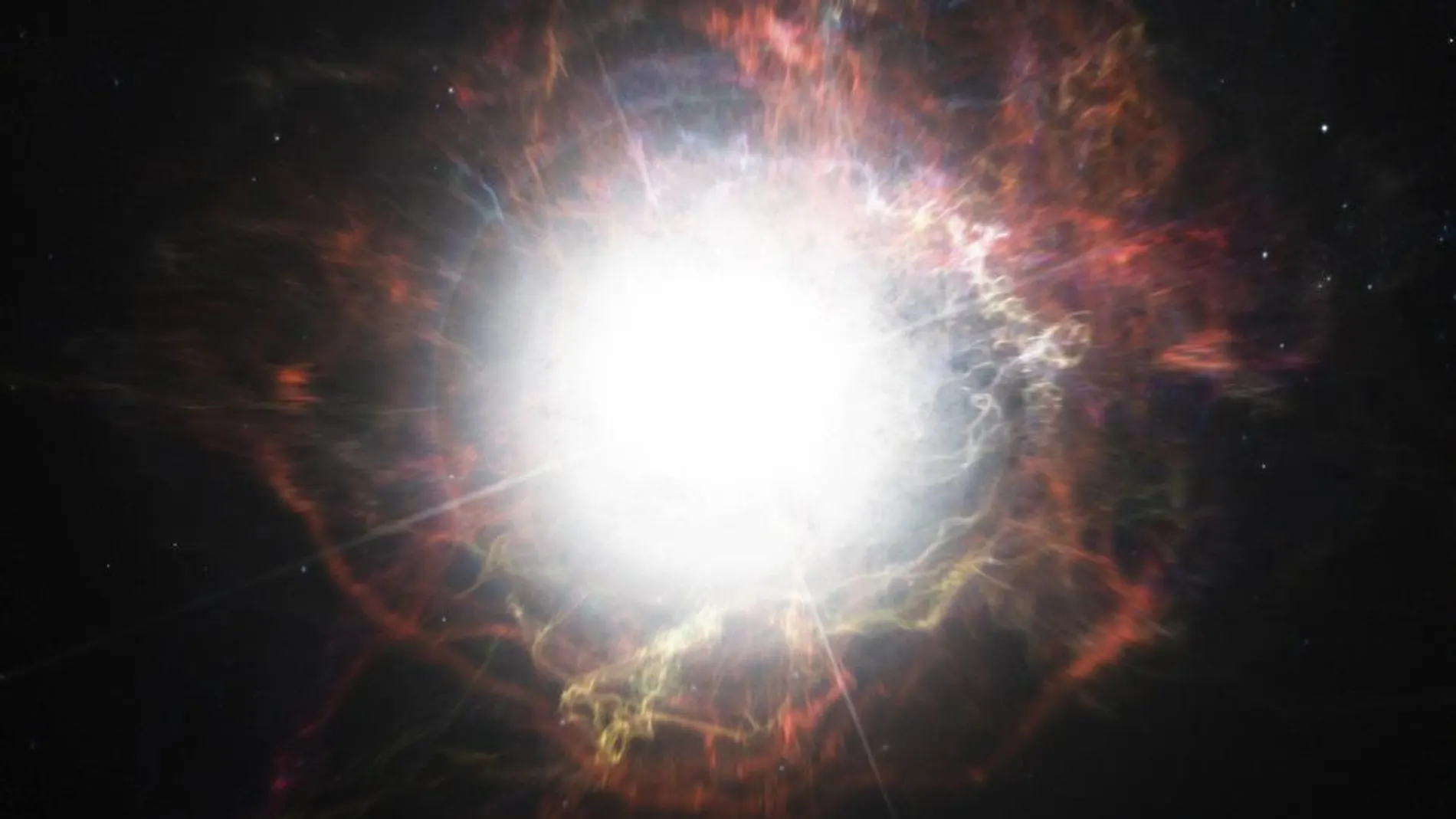 Imagen facilitada por el del Observatorio Europeo Austral (ESO) de una impresión artística que muestra la formación de polvo en el medio que rodea la explosión de una supernova
