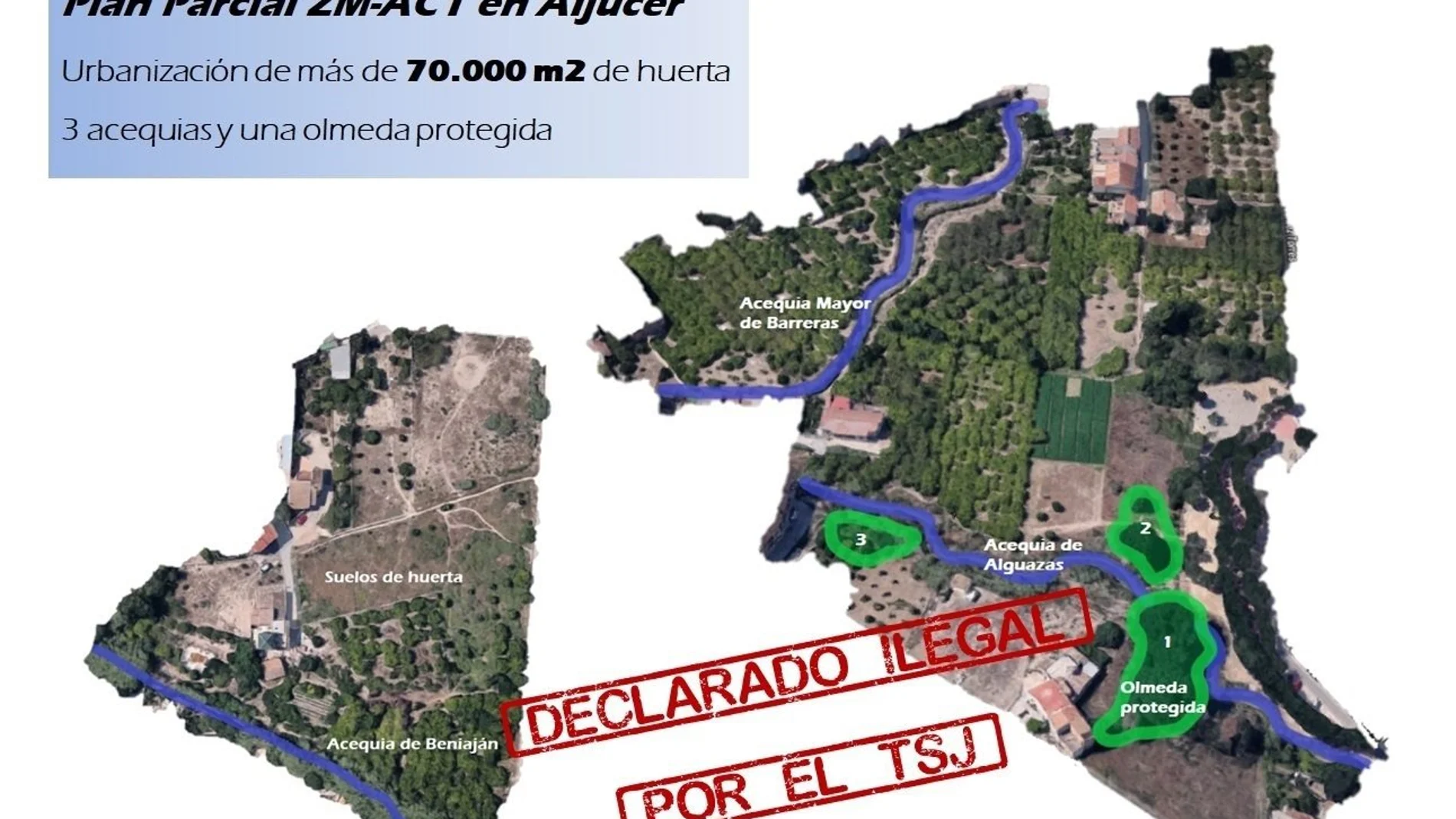 Mapa del Plan Parcial que ha anulado el TSJ facilitado por la Asociación Huermur, en el que se puede ver la zona que iba a ser afectada con la construcción de 500 viviendas y que carecía de informe hidrológico. HUERMUR