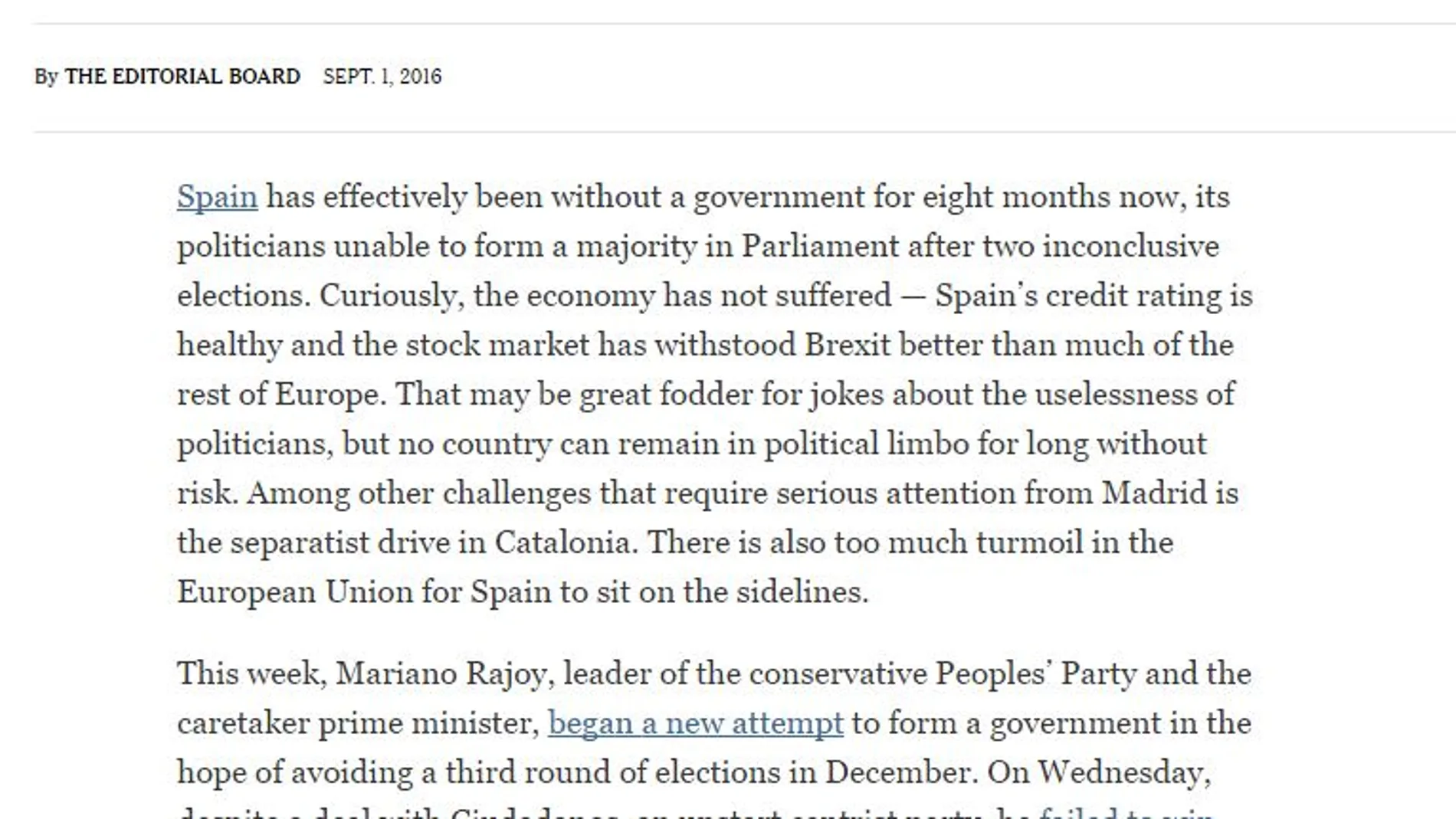 «The New York Times» pide al PSOE que deje gobernar a Mariano Rajoy