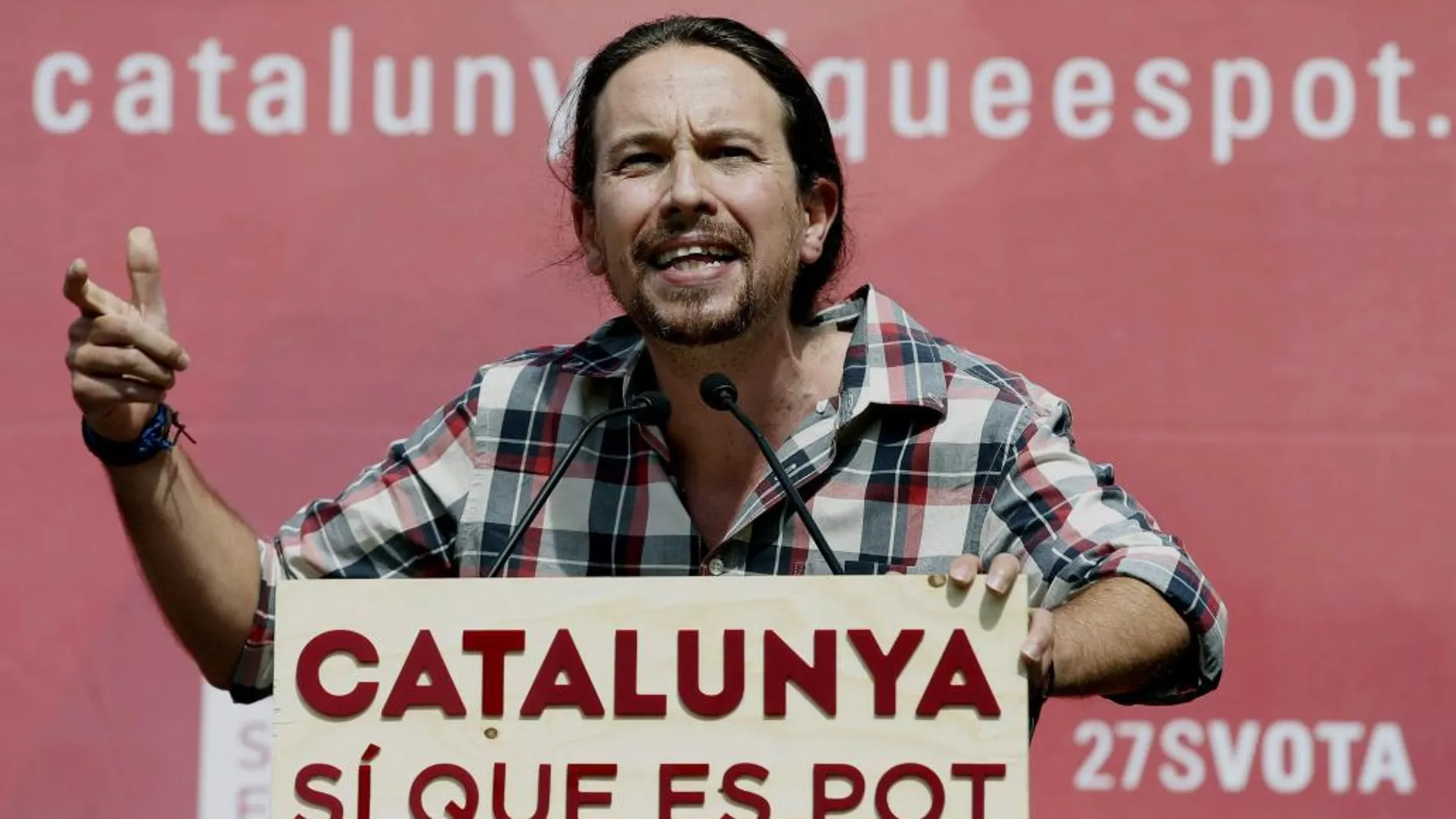 El secretario general de Podemos, Pablo Iglesias, durante su participación en un acto de campaña de la candidatura Catalunya Sí que es Pot