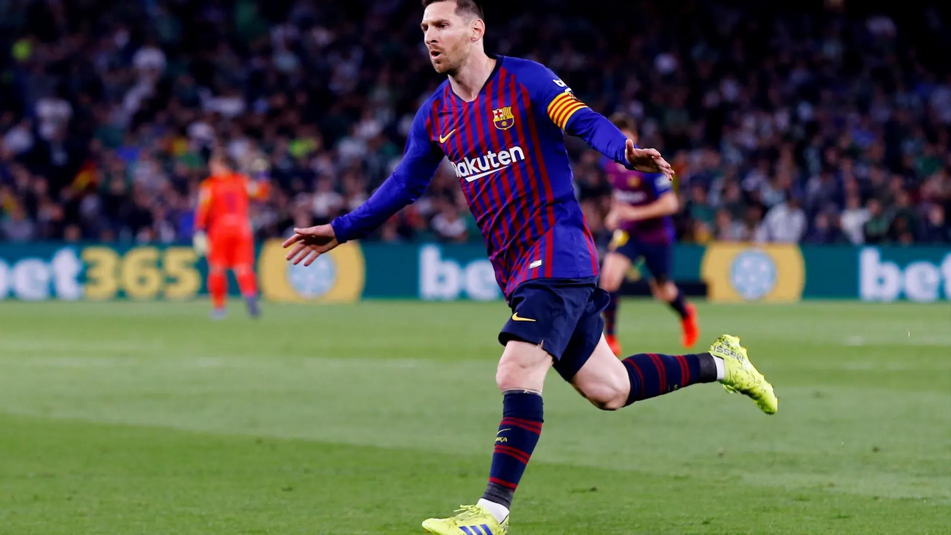 Seville, Spain - March 17, 2019 Barcelona's Lionel Messi celebrates scoring their first goal