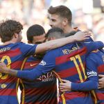 Los futbolistas del Barcelona celebran uno de los goles que le marcaron al Getafe la tarde de ayer en el Camp Nou