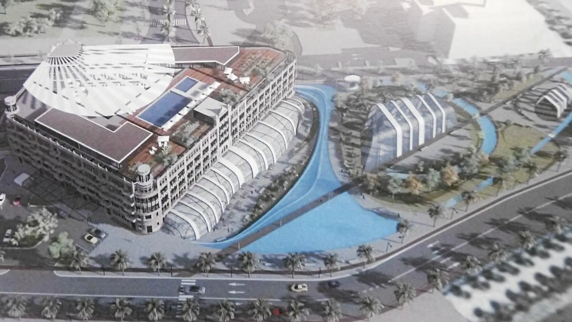 Figuración de la propuesta de ARC Resorts para el edificio de los Docks ubicados en la Marina Real de Valencia