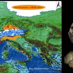 Mapa con una selección de los primeros yacimientos arqueológicos auriñacienses en Europa occidental, donde puede verse en el sur de la península Ibérica la Cueva Bajondillo (Málaga). Representación de industria lítica y cráneo de neandertal (izq.) y humano moderno (dcha.) / CSIC