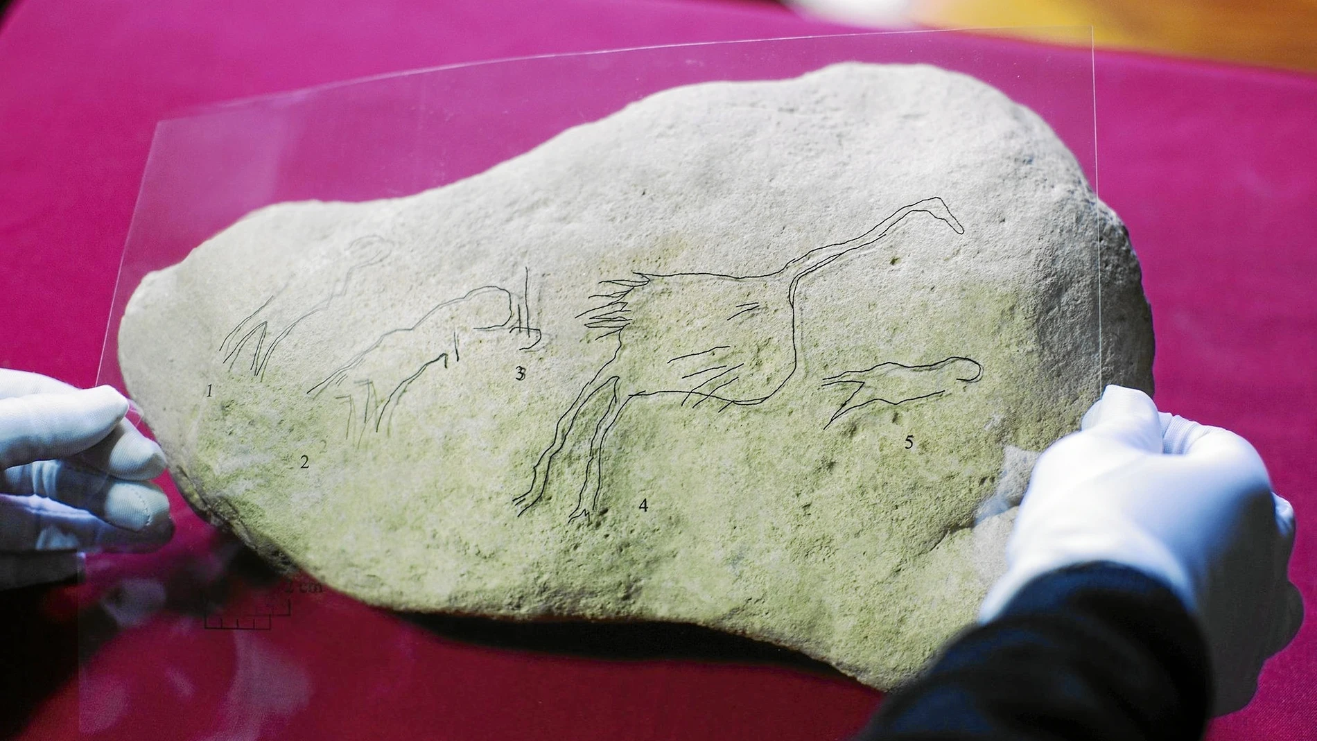 Grabación en piedra caliza de una escena de dos figuras humanas que siguen a dos grullas / Universidad de Barcelona