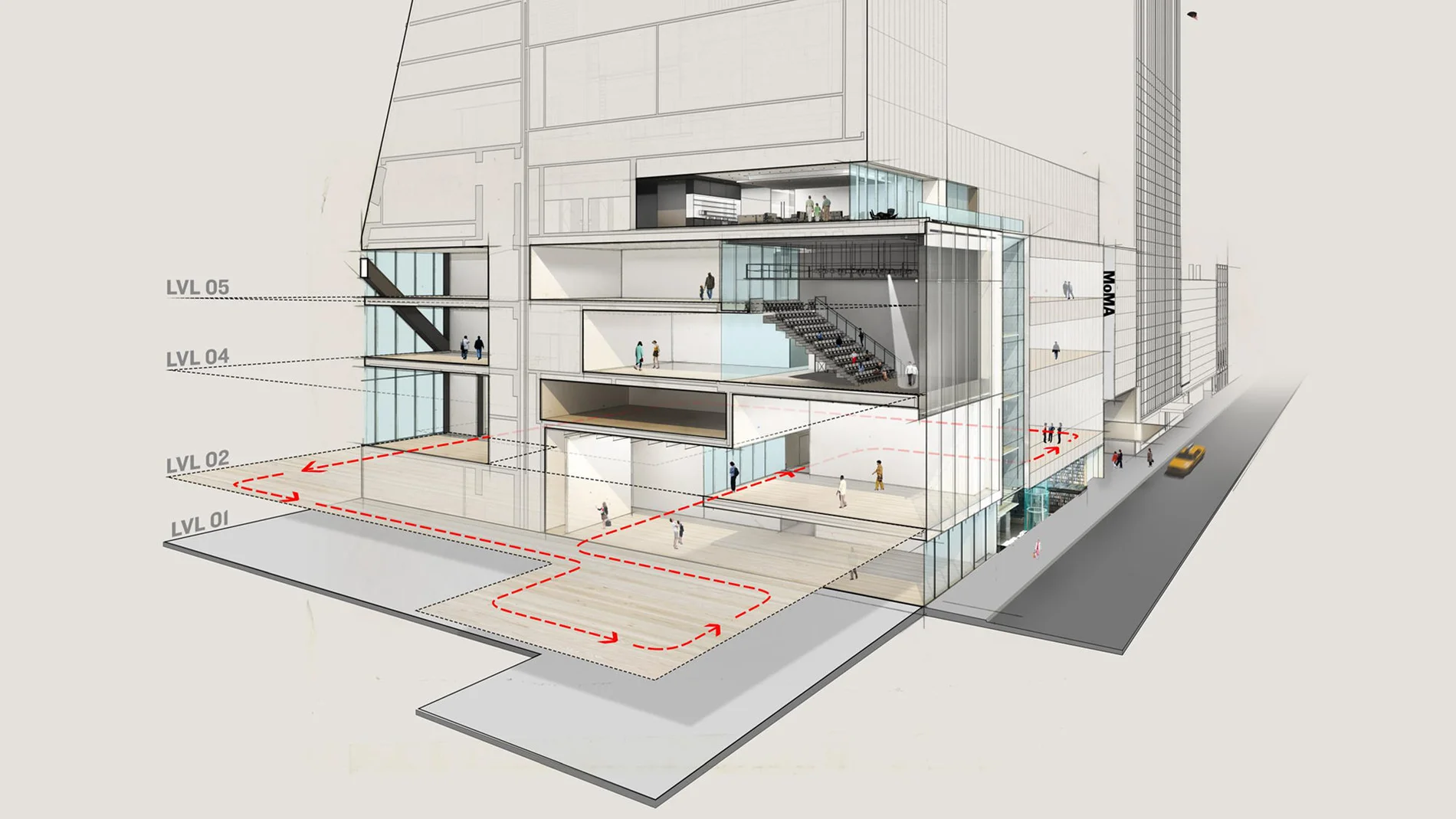 Imagen del MoMA desde su entrada en la calle 53 que muestra los planes de expandir las galerías del segundo, cuarto y quinto piso / © 2017 Diller Scofidio + Renfro