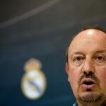 El entrenador del Real Madrid Rafa Benitez durante la rueda de prensa realizada hoy en Valdebebas