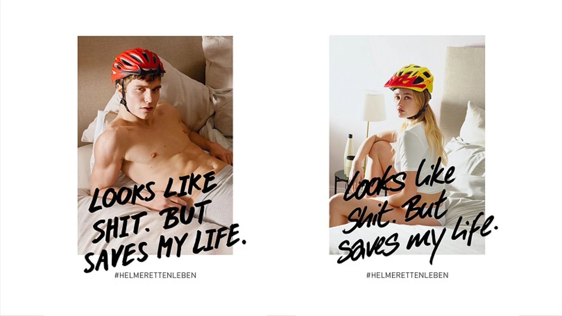 Carteles publicitarios de la iniciativa que promueve el uso del casco por ciclistas con modelos de ambos sexos en ropa interior